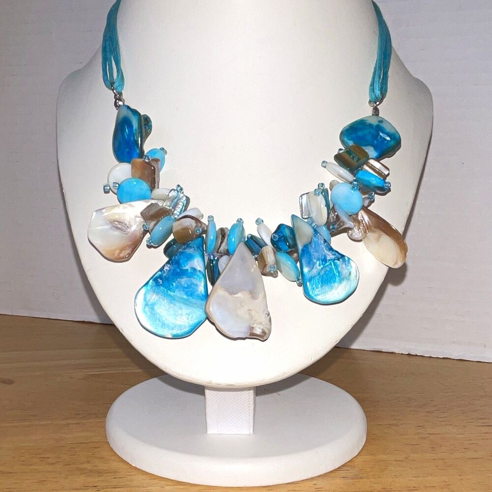 MIXIT Blue Mother of Pearl/Abalone Shell Beaded Statement Cord Necklace Adjust